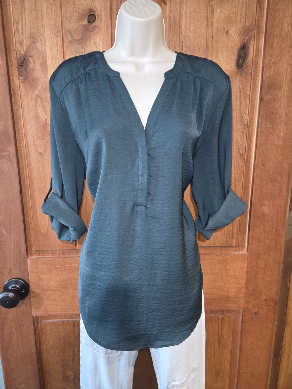 torrid Teal V-Neck Roll-Sleeve Blouse
